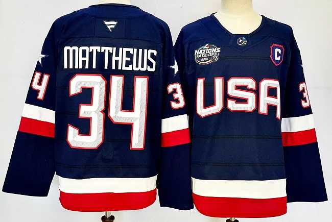 Mens USA #34 Auston Matthews Navy 2025 4 Nations Stitched Jersey